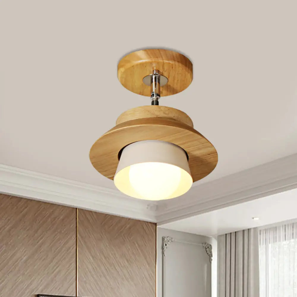 Rotatable Minimalist Wood Cap Ceiling Lamp With White Shade - Semi Flush Mount