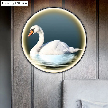 Round Asian Swan Led Wall Sconce In White For Bedroom Left/Right Placement