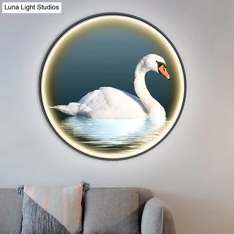 Round Asian Swan Led Wall Sconce In White For Bedroom Left/Right Placement