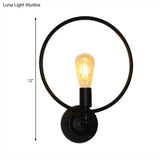 Round Backplate Metal Wall Sconce With Ring Decoration - Loft 1-Light Black Dining Room Light