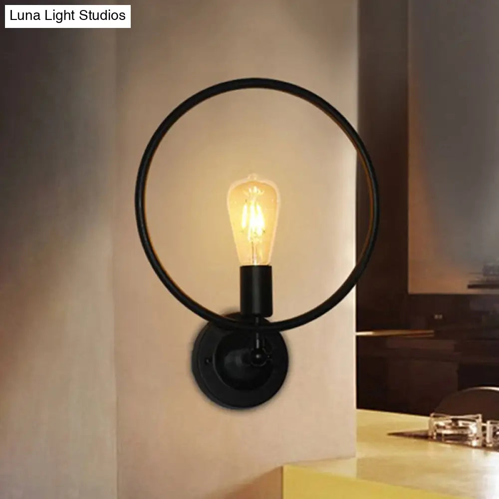 Round Backplate Metal Wall Sconce With Ring Decoration - Loft 1-Light Black Dining Room Light