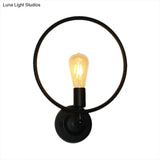Round Backplate Metal Wall Sconce With Ring Decoration - Loft 1-Light Black Dining Room Light