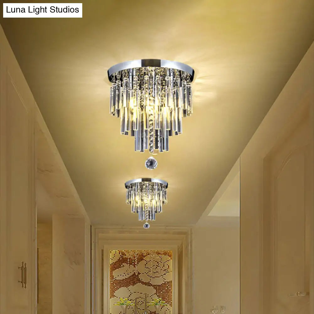 Round Chrome Crystal Bar Flush Mount Ceiling Light - Bare Bulb Flushmount