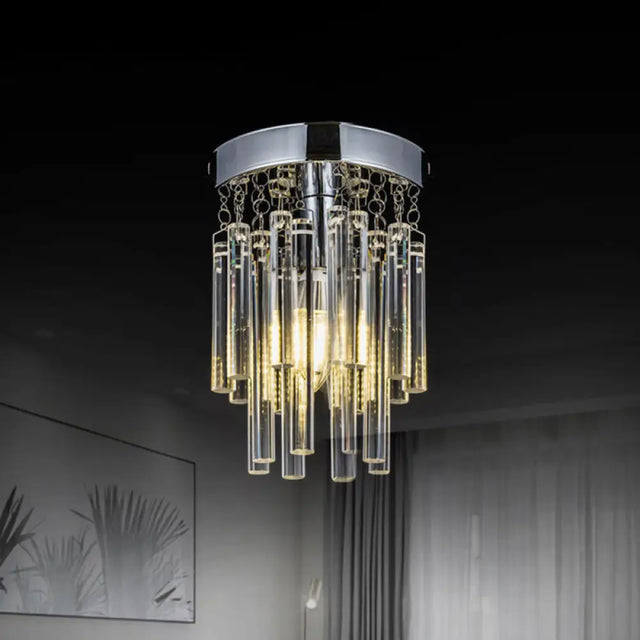 Round Chrome Crystal Bar Flush Mount Ceiling Light - Bare Bulb Flushmount