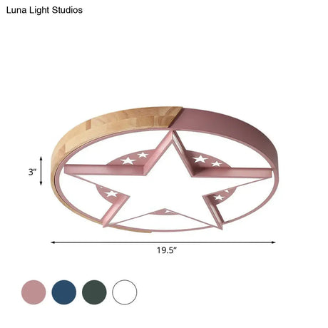 Round Metal Led Macaron Flush Mount Ceiling Light In White/Pink/Blue And Wood For Star - Themed