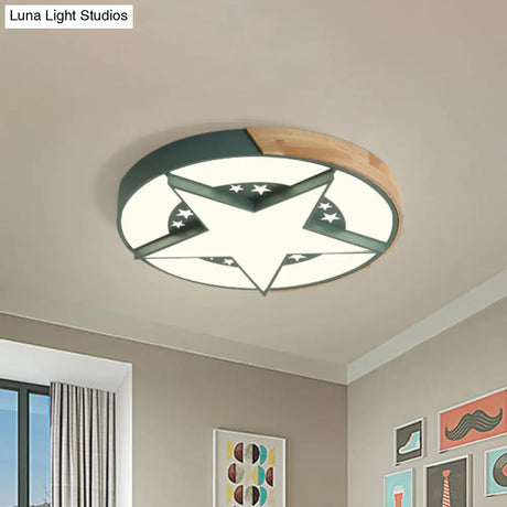 Round Metal Led Macaron Flush Mount Ceiling Light In White/Pink/Blue And Wood For Star - Themed