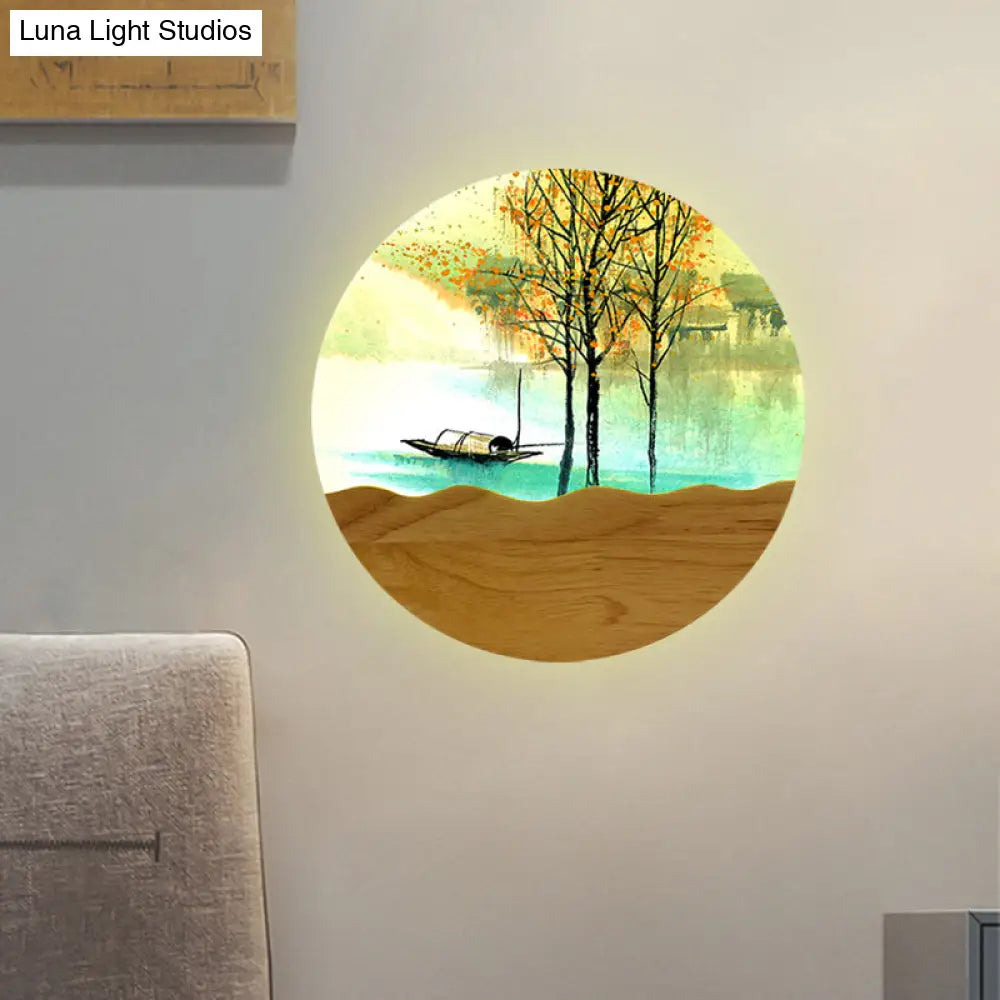 Round Metal Wall Mural Light 9.5/11 Wide Asia Style Led Wood Mounted Lighting With Boat And Tree