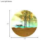 Round Metal Wall Mural Light 9.5/11 Wide Asia Style Led Wood Mounted Lighting With Boat And Tree