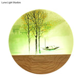 Round Metal Wall Mural Light 9.5/11 Wide Asia Style Led Wood Mounted Lighting With Boat And Tree