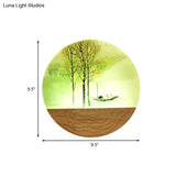 Round Metal Wall Mural Light 9.5/11 Wide Asia Style Led Wood Mounted Lighting With Boat And Tree