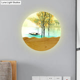 Round Metal Wall Mural Light 9.5/11 Wide Asia Style Led Wood Mounted Lighting With Boat And Tree