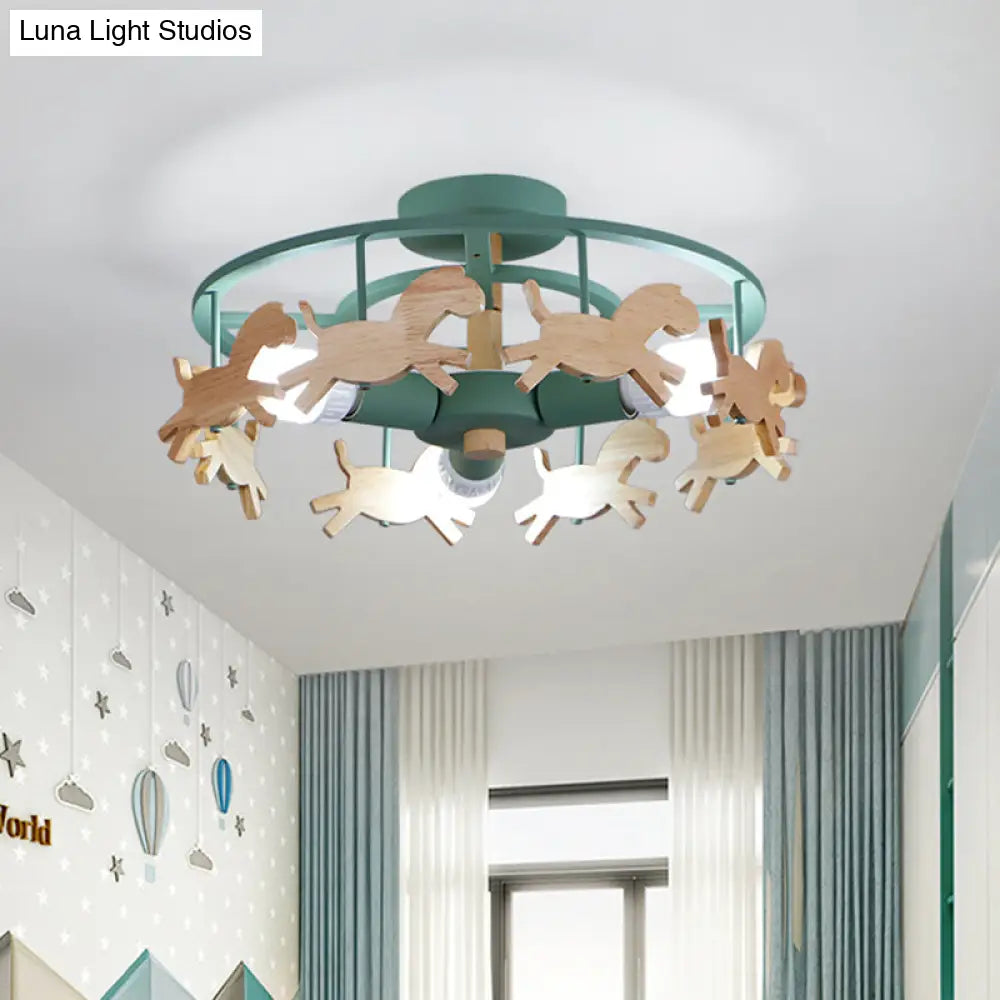 Round Semi - Flush Ceiling Light Macaroon 3 - Bulb Grey/White/Green - Wooden Horse Design