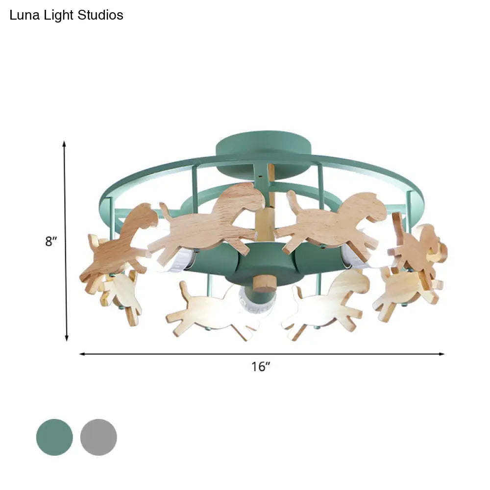 Round Semi - Flush Ceiling Light Macaroon 3 - Bulb Grey/White/Green - Wooden Horse Design