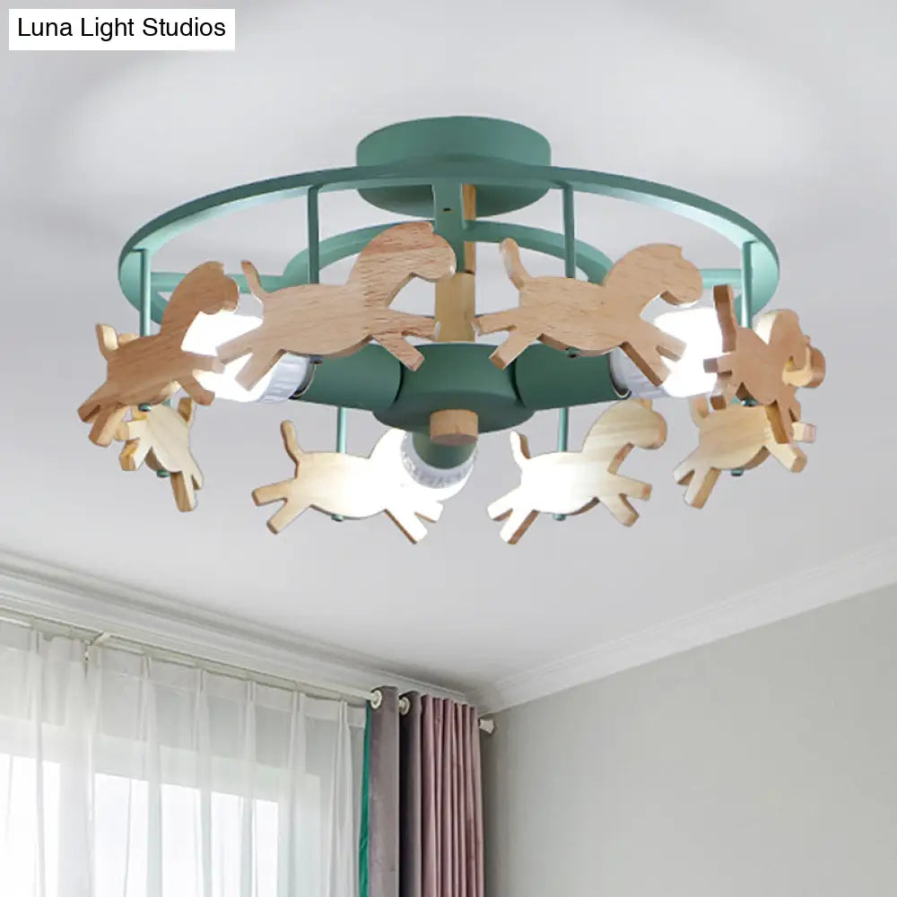 Round Semi - Flush Ceiling Light Macaroon 3 - Bulb Grey/White/Green - Wooden Horse Design