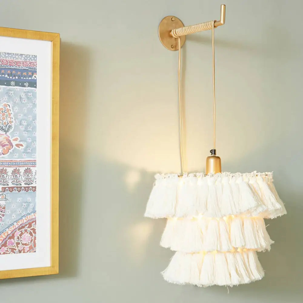 Round Tassel Wall Mount Pendant Light With Retro Style For Single Bedroom Gold / Beige