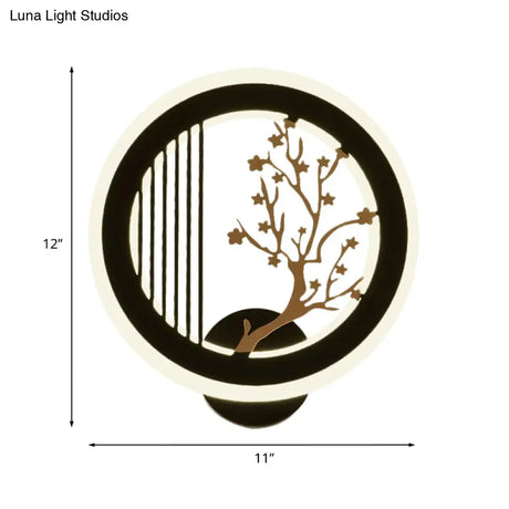 Round Wall Mounted Led Light With Acrylic Shade - Black Plum Tree/Bamboo Design