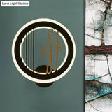 Round Wall Mounted Led Light With Acrylic Shade - Black Plum Tree/Bamboo Design