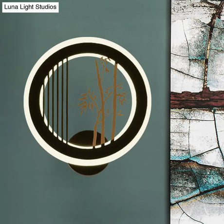Round Wall Mounted Led Light With Acrylic Shade - Black Plum Tree/Bamboo Design