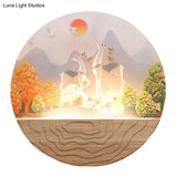 Rounded Elk & Mountain Mural Lamp - Minimalist Led Wall Fixture With Wood Accents