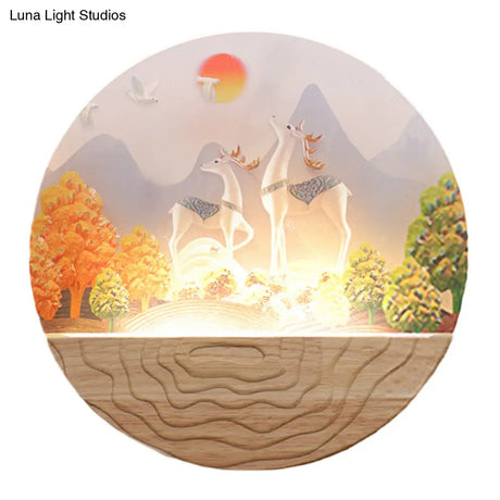 Rounded Elk & Mountain Mural Lamp - Minimalist Led Wall Fixture With Wood Accents