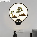 Rounded Natural Scenery Mural Acrylic Led Wall Mounted Light In Black - Asia Style