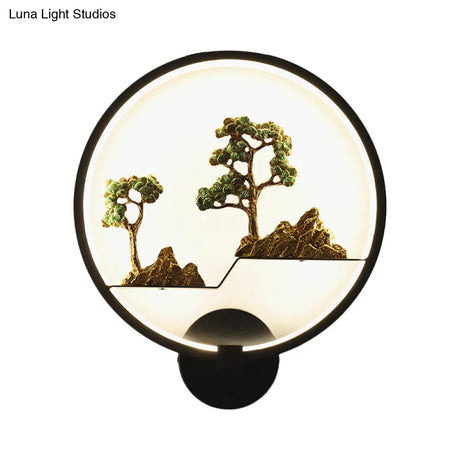 Rounded Natural Scenery Mural Acrylic Led Wall Mounted Light In Black - Asia Style