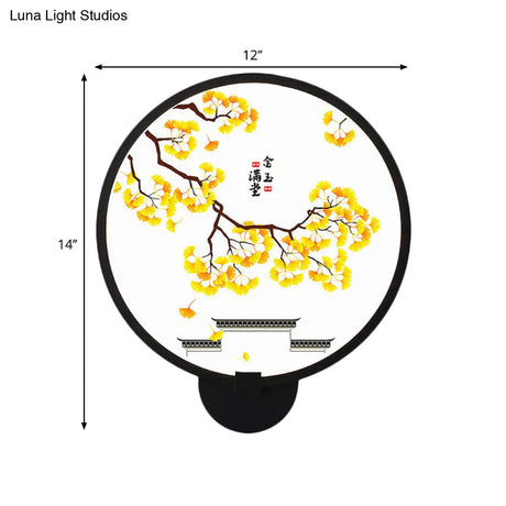 Rounded Natural Scenery Mural Acrylic Led Wall Mounted Light In Black - Asia Style