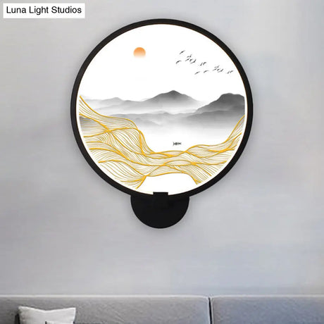 Rounded Natural Scenery Mural Acrylic Led Wall Mounted Light In Black - Asia Style