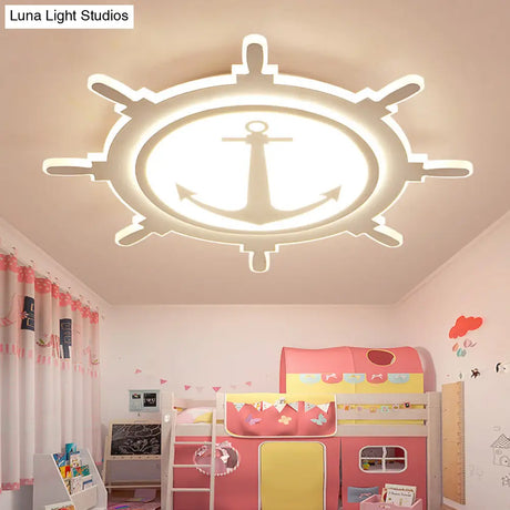 Rudder Shaped Led Flush Ceiling Light For Kindergarten - Simple & Stylish White Acrylic Mount