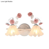 Ruffle Bathroom Wall Mount Light - American Flower Frosted Glass 2/3-Head Vanity Sconce Pink/Blue