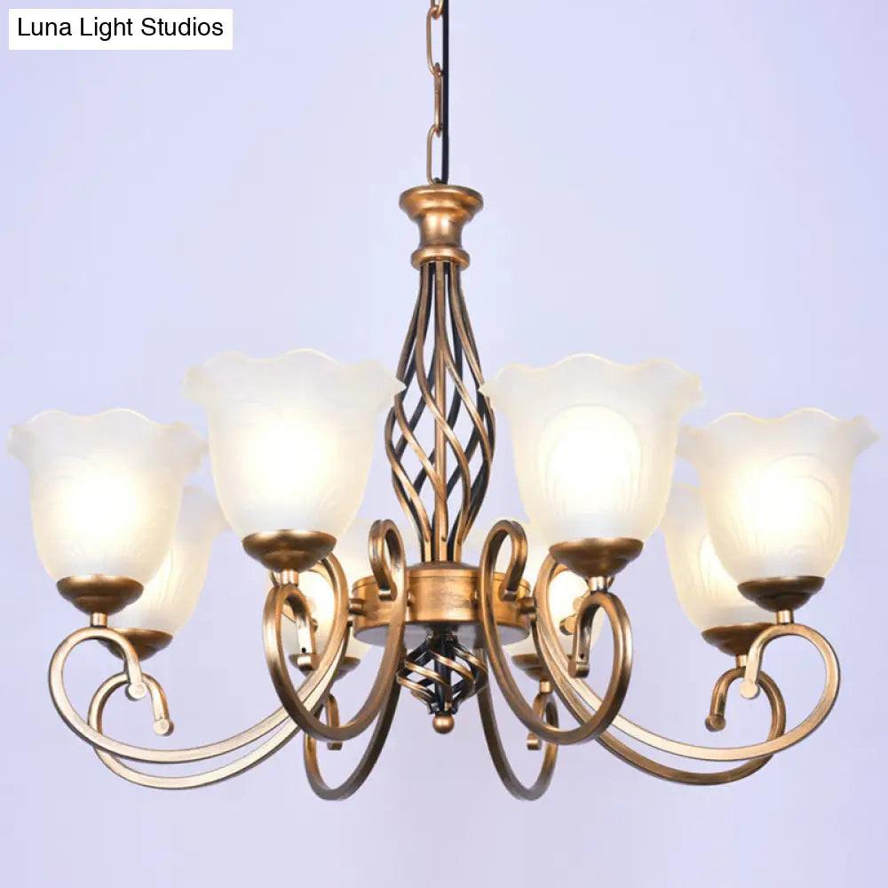Ruffle Glass Floral Shade Chandelier For Classic Living Room Décor - Pendant Light With Scroll Arm