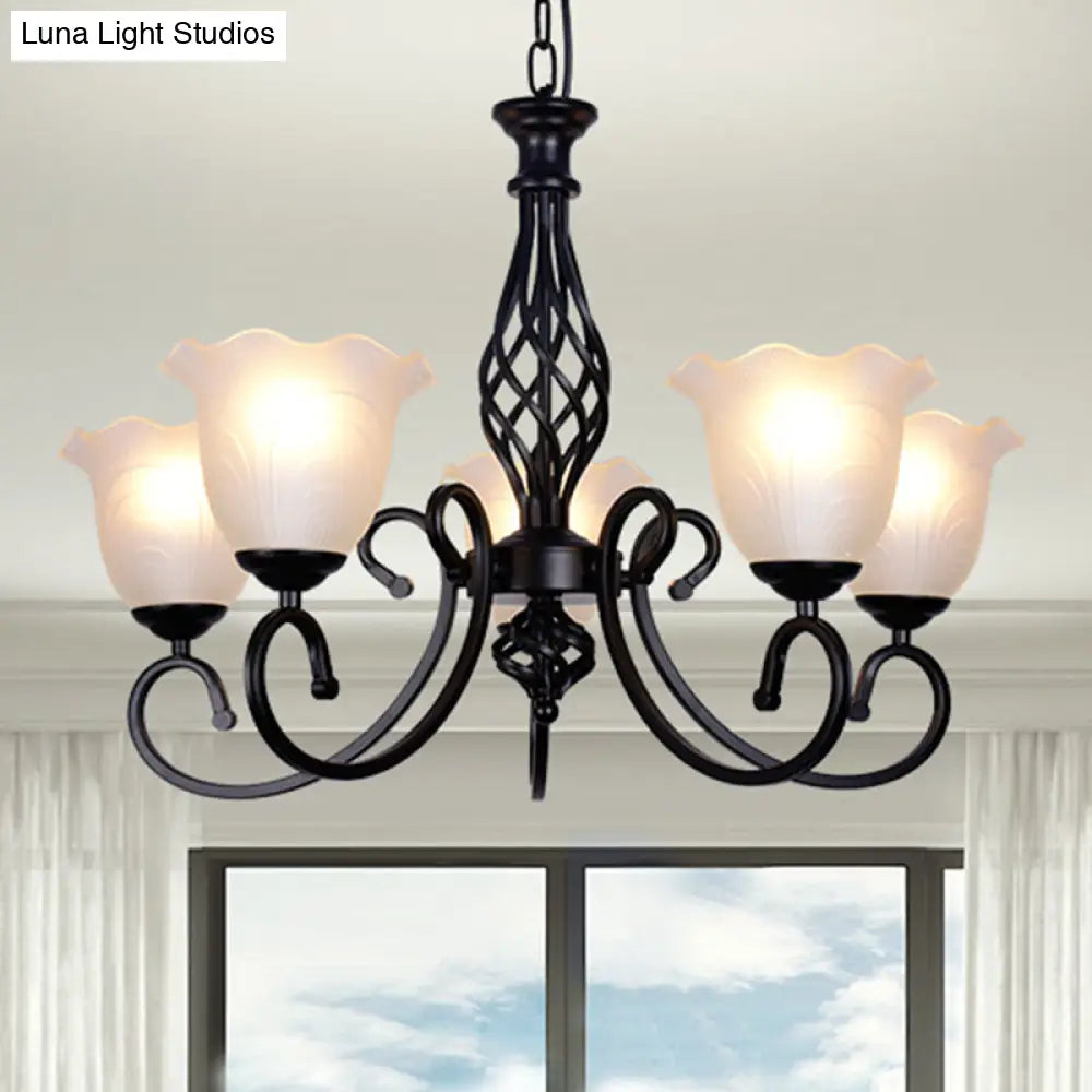 Ruffle Glass Floral Shade Chandelier For Classic Living Room Décor - Pendant Light With Scroll Arm