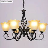 Ruffle Glass Floral Shade Chandelier For Classic Living Room Décor - Pendant Light With Scroll Arm