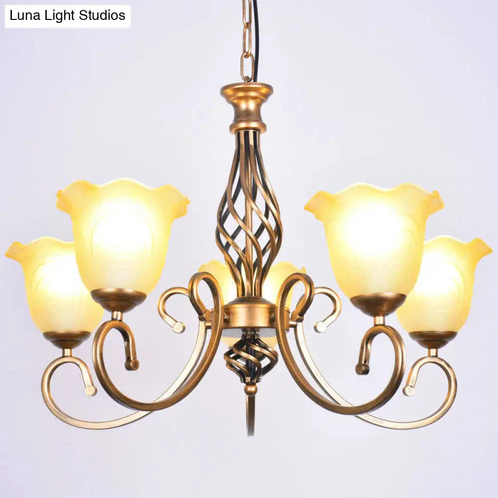 Ruffle Glass Floral Shade Chandelier For Classic Living Room Décor - Pendant Light With Scroll Arm