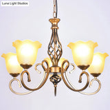Ruffle Glass Floral Shade Chandelier For Classic Living Room Décor - Pendant Light With Scroll Arm