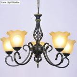 Ruffle Glass Floral Shade Chandelier For Classic Living Room Décor - Pendant Light With Scroll Arm