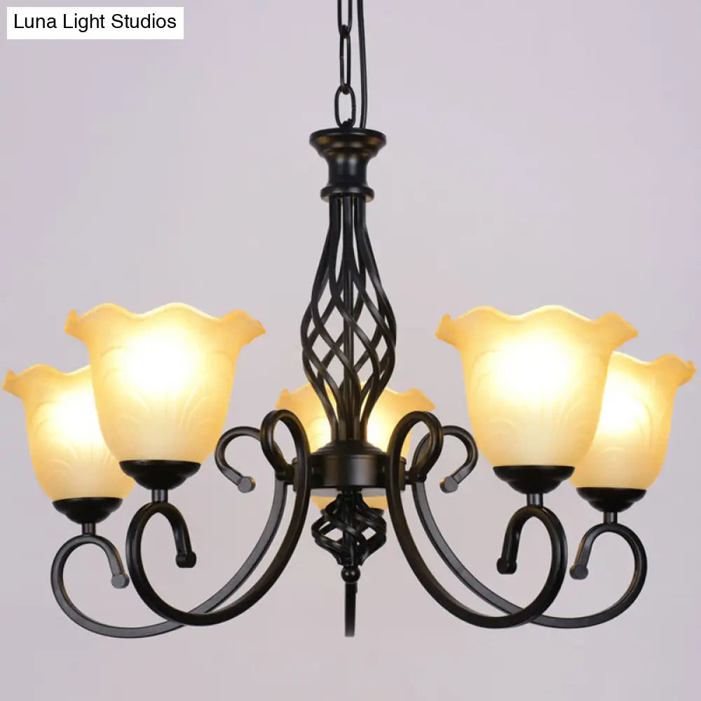 Ruffle Glass Floral Shade Chandelier For Classic Living Room Décor - Pendant Light With Scroll Arm