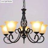 Ruffle Glass Floral Shade Chandelier For Classic Living Room Décor - Pendant Light With Scroll Arm