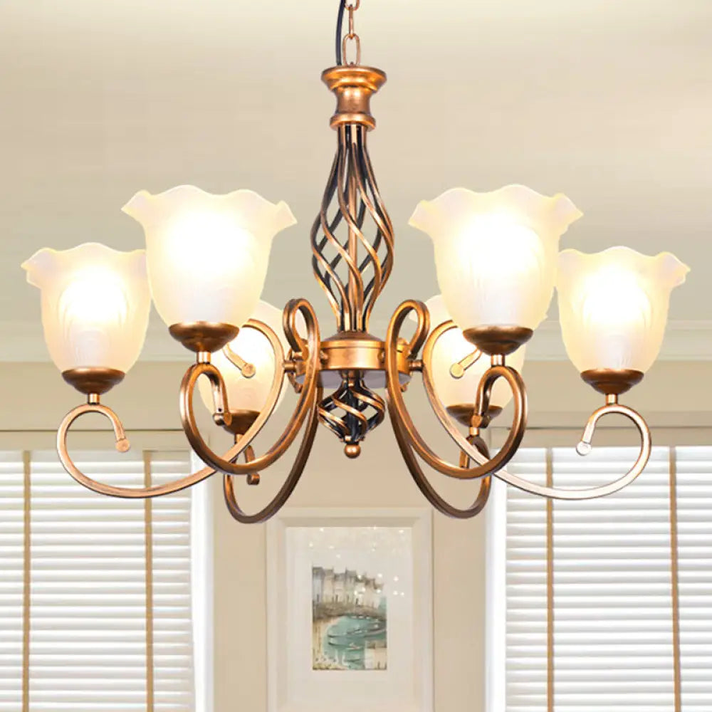Ruffle Glass Floral Shade Chandelier For Classic Living Room Décor - Pendant Light With Scroll Arm 6