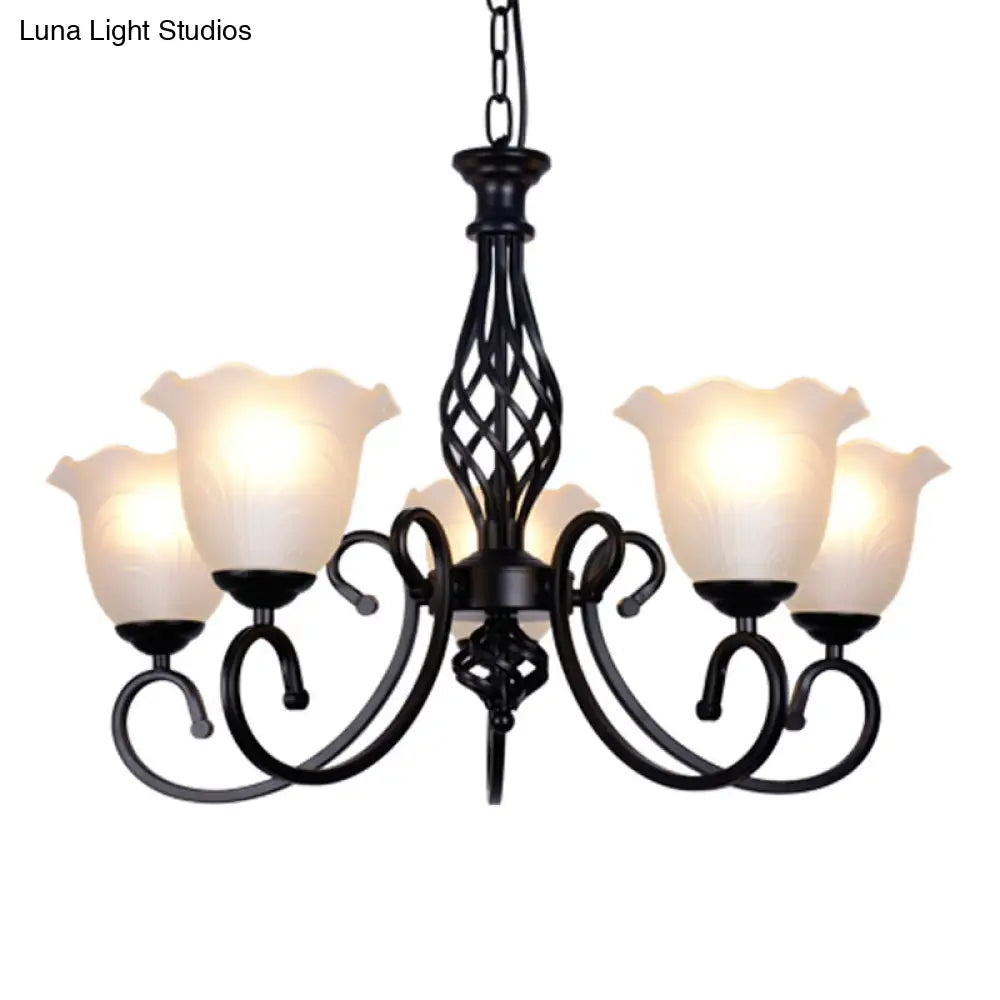 Ruffle Glass Floral Shade Chandelier For Classic Living Room Décor - Pendant Light With Scroll Arm