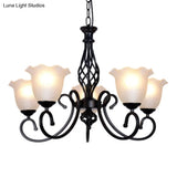 Ruffle Glass Floral Shade Chandelier For Classic Living Room Décor - Pendant Light With Scroll Arm