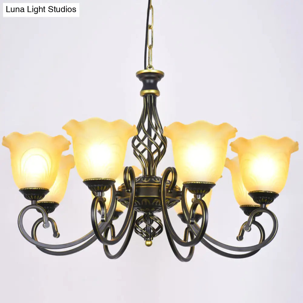 Ruffle Glass Floral Shade Chandelier For Classic Living Room Décor - Pendant Light With Scroll Arm