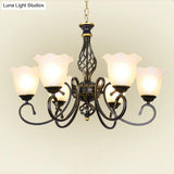 Ruffle Glass Floral Shade Chandelier For Classic Living Room Décor - Pendant Light With Scroll Arm