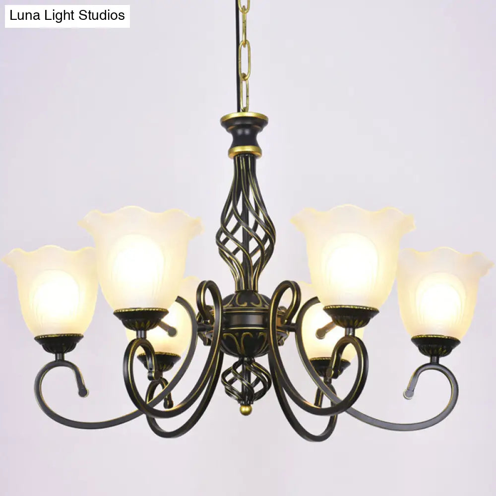 Ruffle Glass Floral Shade Chandelier For Classic Living Room Décor - Pendant Light With Scroll Arm