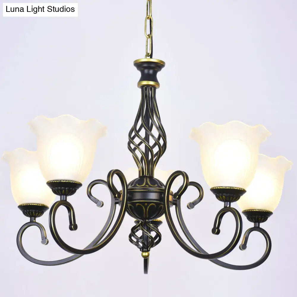 Ruffle Glass Floral Shade Chandelier For Classic Living Room Décor - Pendant Light With Scroll Arm