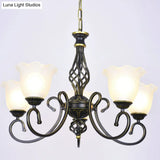 Ruffle Glass Floral Shade Chandelier For Classic Living Room Décor - Pendant Light With Scroll Arm