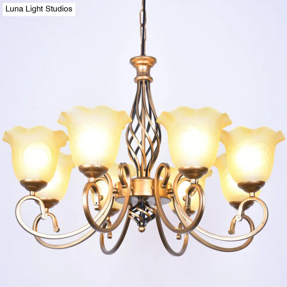 Ruffle Glass Floral Shade Chandelier For Classic Living Room Décor - Pendant Light With Scroll Arm