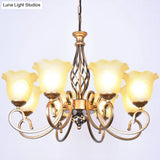 Ruffle Glass Floral Shade Chandelier For Classic Living Room Décor - Pendant Light With Scroll Arm
