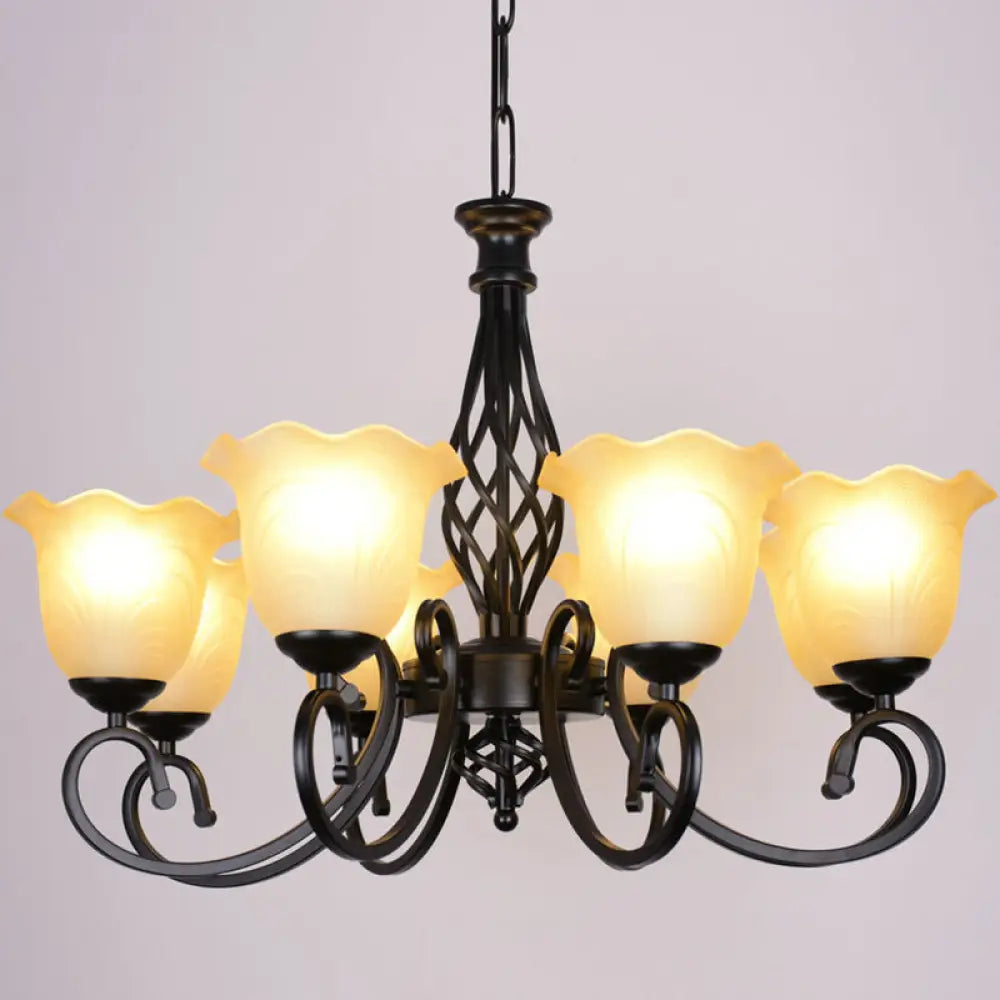 Ruffle Glass Floral Shade Chandelier For Classic Living Room Décor - Pendant Light With Scroll Arm 8