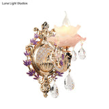 Ruffle Purple Glass Sconce Lamp - Countryside 1/2-Light Wall Mount Lighting With K9 Crystal Drop